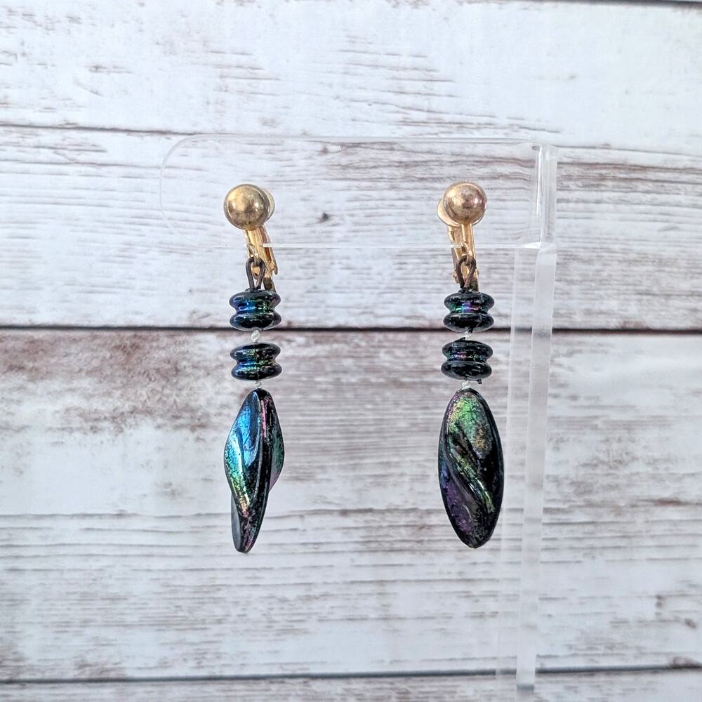 Vintage Clip On Earrings Dark Multi Colored Long Dangle - Fair Condition